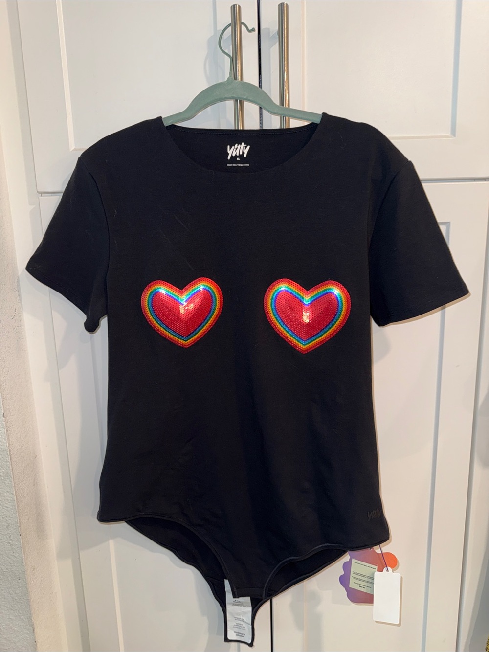 YITTY Black Bodysuit with Rainbow Heart Sequin Appliqués